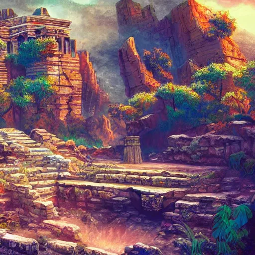 Image similar to ancient ruins in a canyon, retrowave epic art, trending on art station