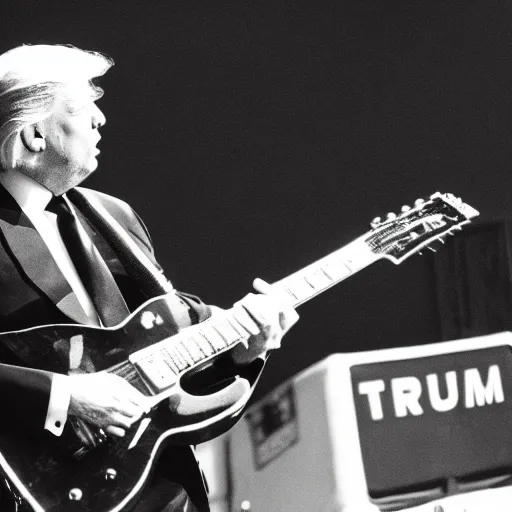 Prompt: donald trump at a concert playing guitar, long hair, heavy metal, black and white, kodak portra 4 0 0 color negative film