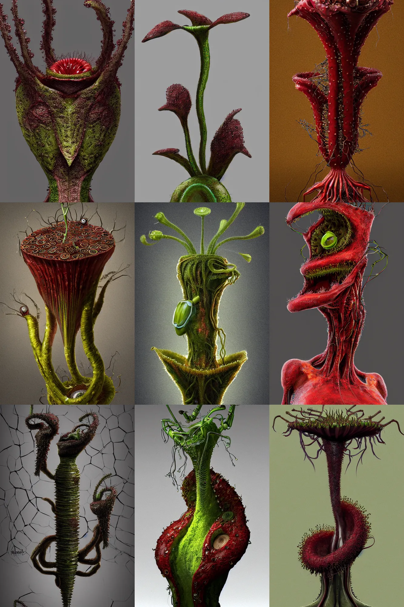 Prompt: portrait of a mutant carnivorous plant robot, minimal, Drosera capensis, dystopian, eyelashes as snap traps of Dionaea muscipula, extremely detailed, digital painting, sculpted in zbrush, artstation, concept art, smooth, sharp focus, illustration, chiaroscuro lighting, golden ratio, rule of thirds, fibonacci, by Ruan Jia and Mandy Jurgens and Artgerm and william-adolphe bouguerea, composition by mike mignola