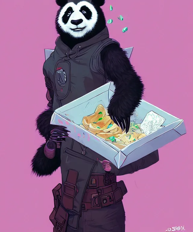 Image similar to a portrait of a cyberpunk panda holding a chinese takeout box, fantasy, elegant, digital painting, artstation, concept art, matte, sharp focus, illustration, art by josan gonzalez