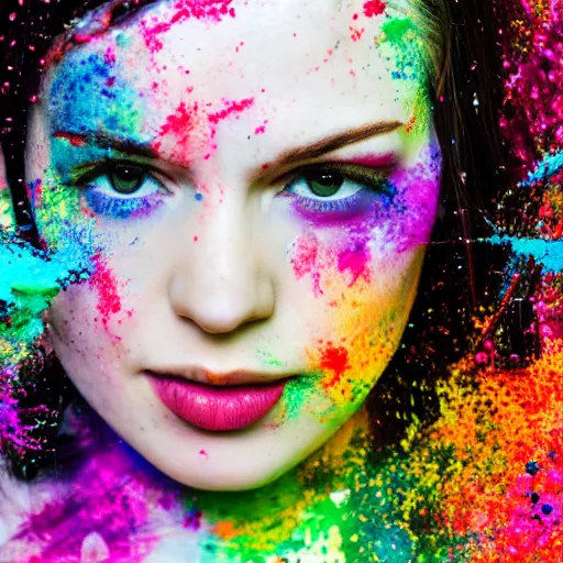 Prompt: beautiful scottish dark haired woman, pale skin, splattered with coloured paint, 4 k, zoomed