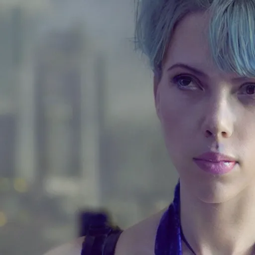 Image similar to a beautiful medium - shot still of scarlett johansson from ghost in the shell looking off into the distance, black hairs with sleek angled bob hairstyle, ultra realistic, soft, blue hour, soft neons light from night city falling on her face. focus on her eyes and brows. by annie leibowitz