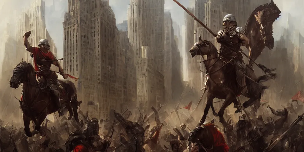 Image similar to Roman Empire legionary invading modern day New York City by Charlie Bowater and Pierre Auguste Cot