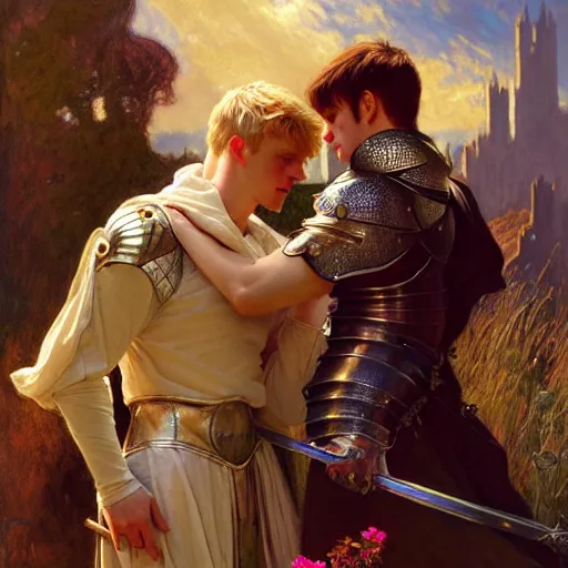 Image similar to attractive arthur pendragon and his favourite attractive male knight, they are in love, camelot, natural lighting, path traced, highly detailed, high quality, digital painting, by gaston bussiere and ross tran and j. c. leyendecker and alphonse mucha