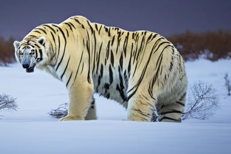 Image similar to a tiger polar bear!!! hybrid! hyper realistic!! realistic lighting!! wildlife photographer of the year!!! bold natural colors, national geographic, hd, wide angle, 8 k