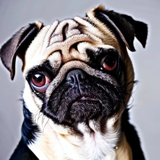 Image similar to portrait of a pug with an emo haircut with bangs, studio photo, album cover, well lit,