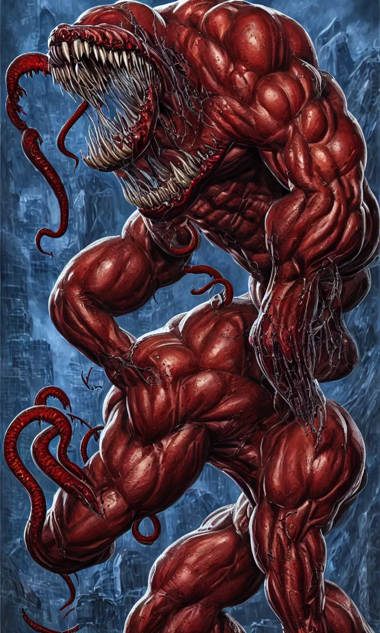 Image similar to hyper realist three quarter angle full body long shot of bodybuilder venom from marvel comics!!!!, large mouth with teeth, large tongue, lovecraftian horror!!, fantasy, intricate, elegant, highly detailed, digital painting, artstation, concept art, matte, sharp focus, illustration, art by glenn fabry and giger