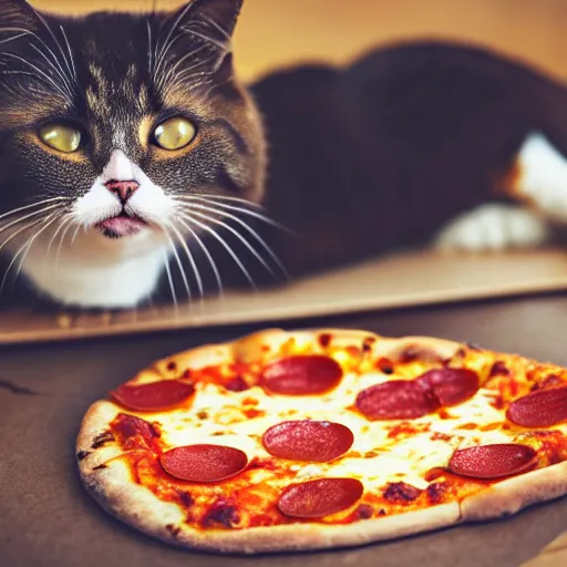 Prompt: cat eating a slice of cheesy pizza, cat eating, eating a pizza, paws holding pizza, cat eating a slice