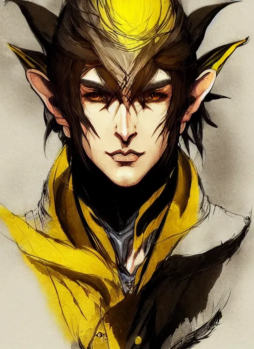 Image similar to Half body portrait of a handsome elven wind mage with short brown black hair wearing ornate dark yellow attire. In style of Yoji Shinkawa and Hyung-tae Kim, trending on ArtStation, dark fantasy, great composition, concept art, highly detailed, dynamic pose.