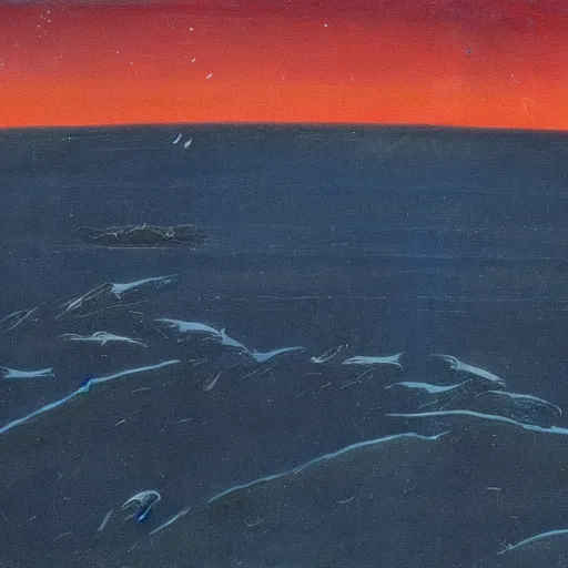 Image similar to the epic abstract painting'blue arctic void with black and red aurora borealis above a pod of humpback whales ', by caspar david friedrich!!!, by rothko!!!, stunning masterpiece, trending on artstation