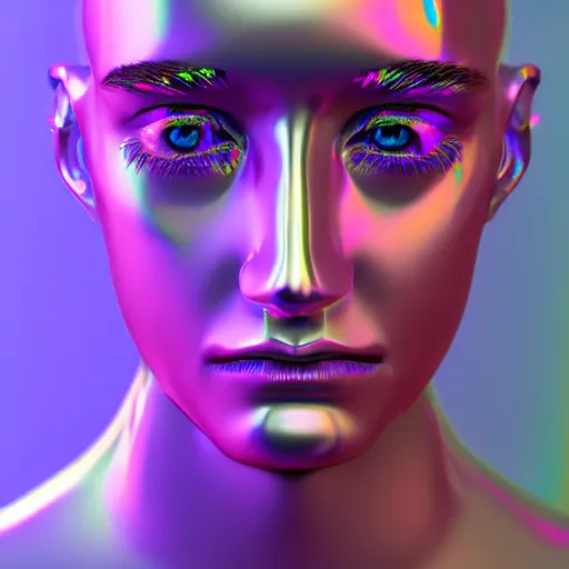 Image similar to 3d render of holographic human robotic head made of glossy iridescent, surrealistic 3d illustration of a human face non-binary, non binary model, 3d model human, cryengine, made of holographic texture, holographic material, holographic rainbow, concept of cyborg and artificial intelligence