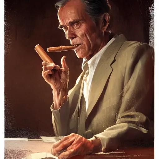 Image similar to a highly detailed epic cinematic concept art CG render digital painting artwork costume design: Henry Fonda as a 1950s tired disillusioned poet, barefoot, smoking a cigar. volumetric lighting. By Greg Rutkowski, in the style of Francis Bacon and Syd Mead and Norman Rockwell and Beksinski, open ceiling, highly detailed, painted by Francis Bacon and Edward Hopper, painted by James Gilleard, surrealism, airbrush, Ilya Kuvshinov, WLOP, Stanley Artgerm, very coherent, triadic color scheme, realistic facial expression, art by Takato Yamamoto and James Jean