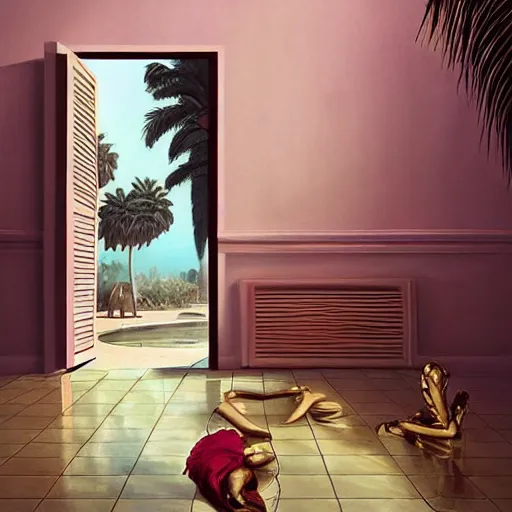 Image similar to indoor liminal space, golden light, palm trees, pink door, minimalistic, hyperrealistic surrealism, award winning masterpiece with incredible details, epic stunning, infinity pool mirrors, a surreal vaporwave liminal space with mirrors, highly detailed, trending on artstation, artgerm and greg rutkowski and alphonse mucha, daily deviation