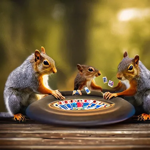 Prompt: a meeting of squirrels playing poker, dramatic lighting