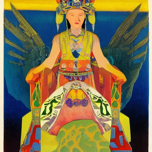 Image similar to a polish poster art representing a portrait of a queen on a carved stone throne by nicholas roerich, by gustave moreau, by james hawe, by yoshitaka amano, by georgia o keeffe, oil painting