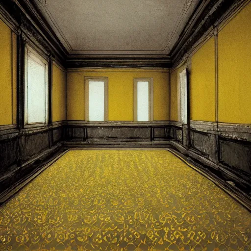 Prompt: an empty room with yellow wallpaper with no people in it, a detailed matte painting by richard benning, pixiv, postminimalism, hall of mirrors, matte painting, creepypasta