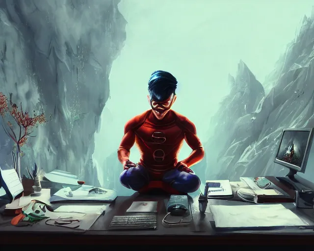 Image similar to an insanely detailed painting of a nerdy asian man wearing a superhero costume, sitting at a desk, staring at the nervously at the computer and typing, in the style of peter mohrbacher, dramatic lighting and composition, surreal background, octane render, pixar, trending on artstation, concept art, comic book, view from behind