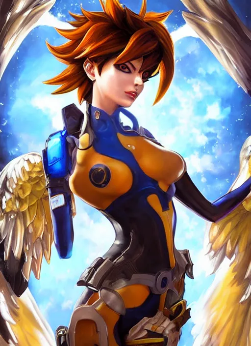 Image similar to full body oil painting of tracer overwatch in the style of mark brooks, angel wings, dramatic painting, symmetrical composition, silky garment, high detail, gold detailed choker, angelic, lights, flowers, heavenly, bright, detailed face,