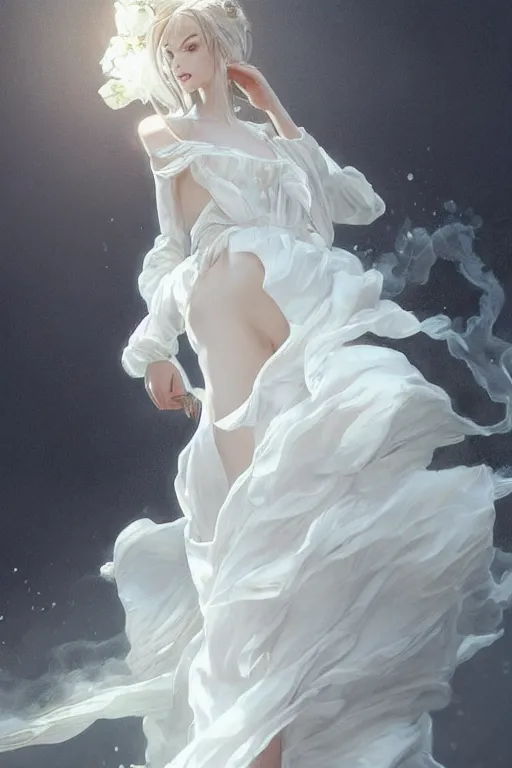 Image similar to beautiful woman dressed in a vaporous wrapped large victorian white roses silk semi-transparent dress fashion is running, D&D, fantasy, intricate, elegant, highly detailed, digital painting, trending on artstation, concept art, matte, sharp focus, illustration, art by Artgerm and Greg Rutkowski and Alphonse Mucha, instagram model