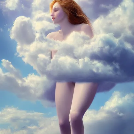 Prompt: goddess wearing a cloud fashion on the clouds, photoshop, colossal, creative, albino skin, giant, digital art, photo manipulation, clouds, covered in clouds, girl clouds, on clouds, covered by clouds, airplane in the sky, white hair, digital painting, artstation, impressionism