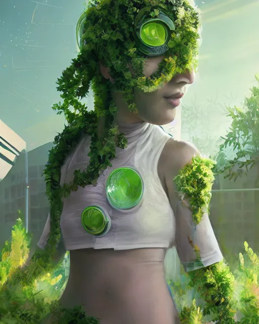 Prompt: beautiful solarpunk girl, scifi, futuristic, bright light, highly detailed, concept art, green plants, school, white building, flowers, utopia, sharp focus, trending on artstation, intricate, atmosphere, sunny, art by roman makarenko, dzung phung dinh