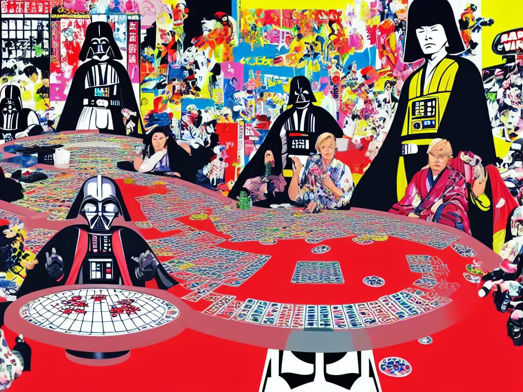 Image similar to hyper - realistic composition of a large room with an extremely detailed poker table in the center, woman in traditional japanese kimono standing nearby, darth vader sitting at the table, fireworks in the background, pop art style, jackie tsai style, andy warhol style, acrylic on canvas, dull palette