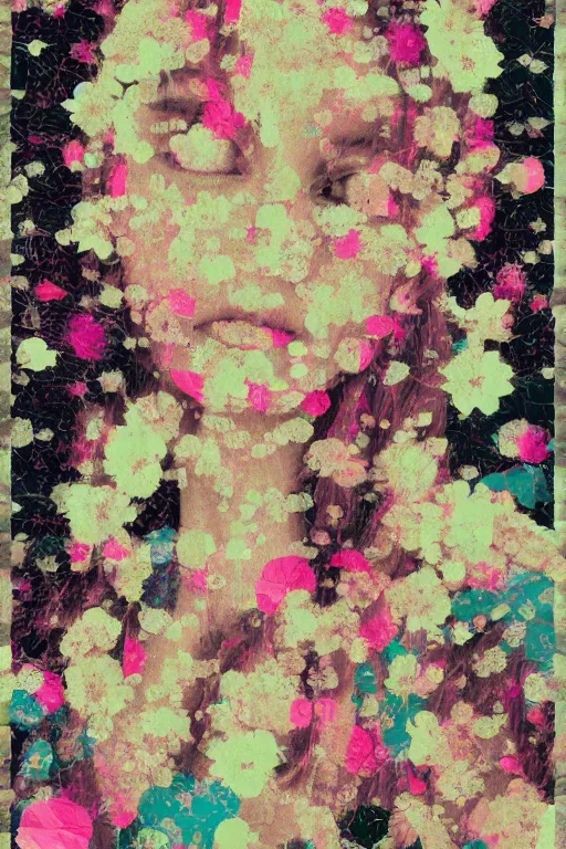 Prompt: glitch abstraction made from collage of female medieval faces mixed with flowers