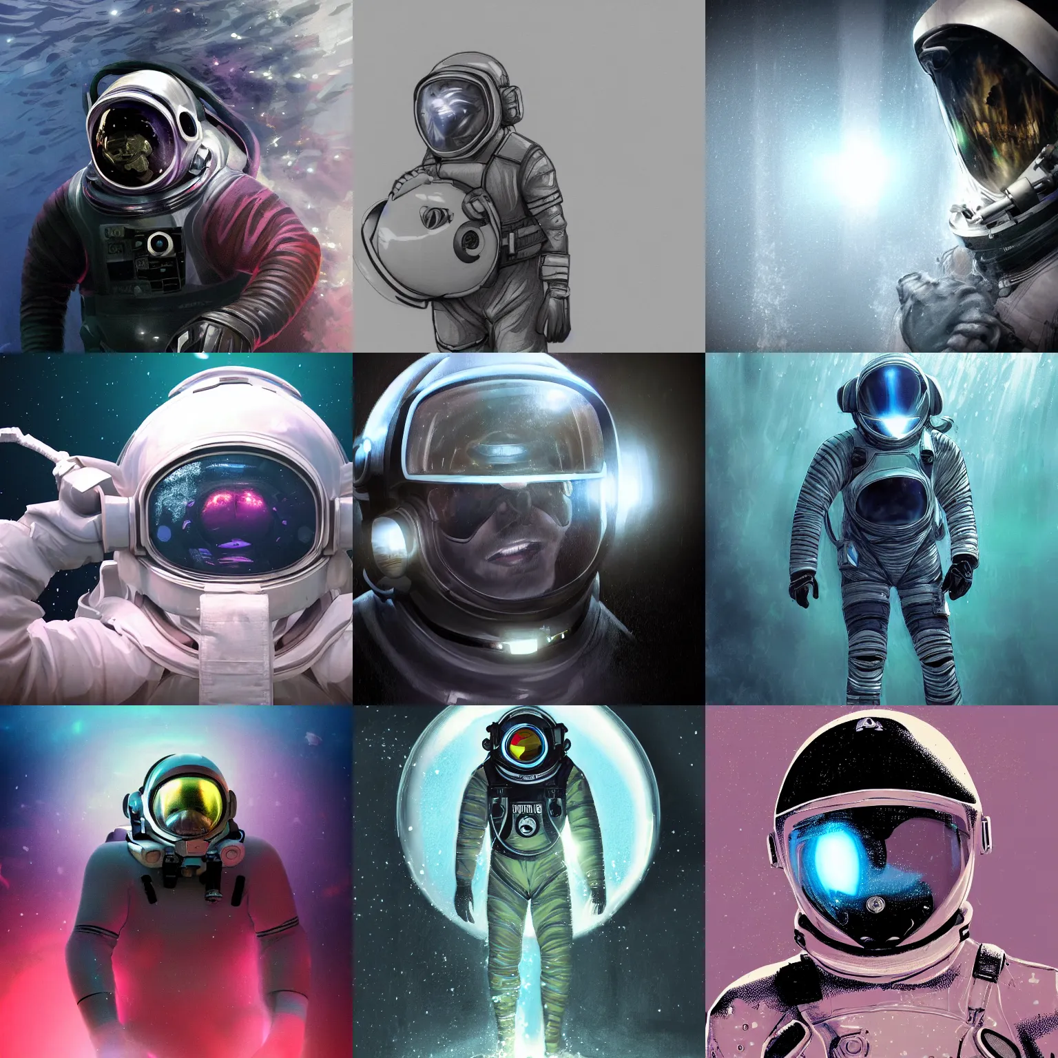 Prompt: infrared concept art in the dark underwater diver astronaut with meka helmet. complex suit design. wet reflection material. rays and dispersion of light breaking through the deep water. trend artstation