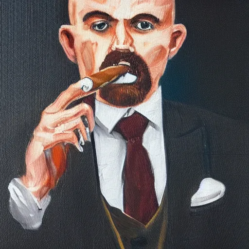 Prompt: a close - up canvas painting of a gangster irish man with a fade haircut, lighting a cigar, wearing a suit, bowtie, and ring, highly detailed