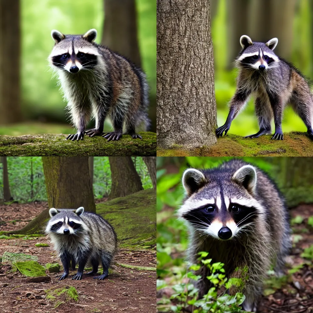 Prompt: a raccoon standing up in a forest