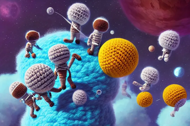 Prompt: an expedition of crochet astronauts discovering a new fluffy planet made out of yarn. cute, illustration, digital art, inspired by little big planet, by greg rutkowski, detailed, sharp, masterpiece, highly detailed, photorealistic, octane render, 8 k, unreal engine 5, trending on artstation