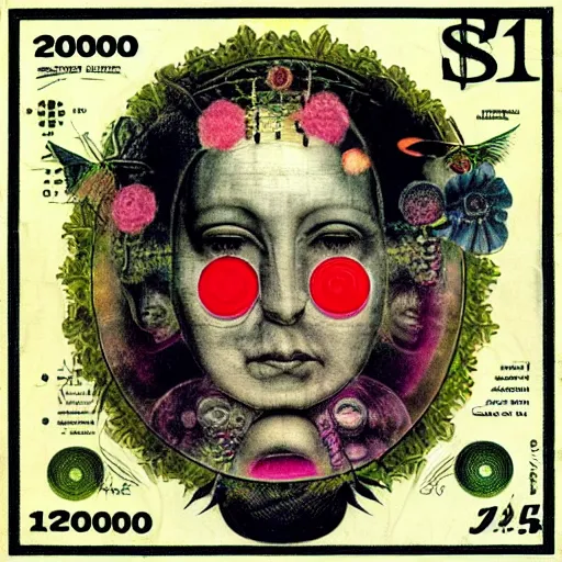 Image similar to post - punk new age album cover, asymmetrical design, dollar bank notes, capitalism, magic, apocalypse, psychedelic, black white pink, magic, giger h. r., giuseppe arcimboldo