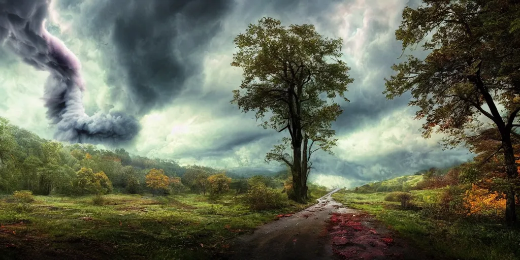 Prompt: A tornado in a beautiful scenic landscape, nature, trees, colorful, wide angle, super highly detailed, professional digital painting, artstation, concept art, smooth, sharp focus, no blur, no dof, extreme illustration, Unreal Engine 5, Photorealism, HD quality, 8k resolution, cinema 4d, 3D, beautiful, cinematic, art by artgerm and greg rutkowski and alphonse mucha and loish and WLOP