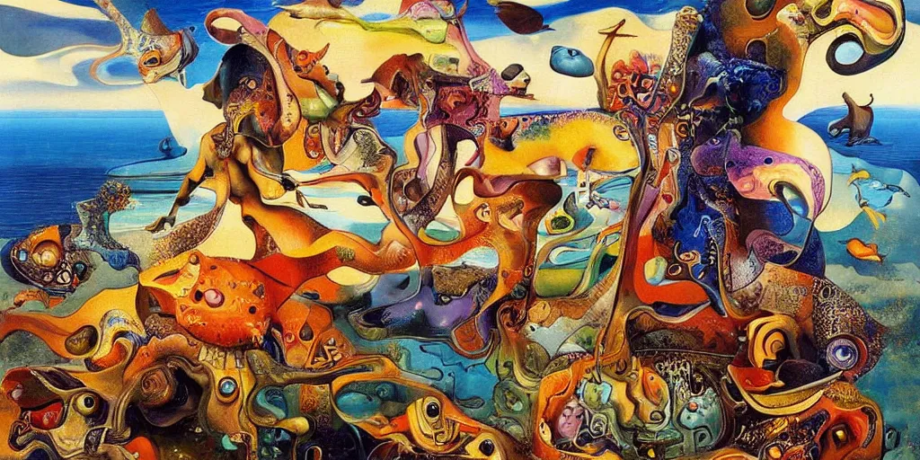 Prompt: a beautiful abstract with goldfish, pelicans and a human couple in an alien landscape by salvador dali and gerald brom