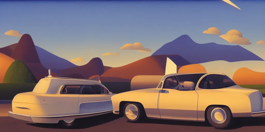 Prompt: futuristic car, blue sky, summer evening, kenton nelson