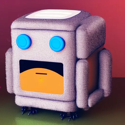 Prompt: Happy cute content robot, Fuzzy robot looking joyful, So happy to exist as a robotic being, Peaceful happy super joyous robot looking happy