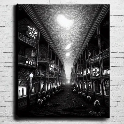 Prompt: ultra realist soft painting of a curiosities carnival by night, horror, omnious sky, symmetry accurate features, very intricate details, Elden Ring, black and white, volumetric light clouds