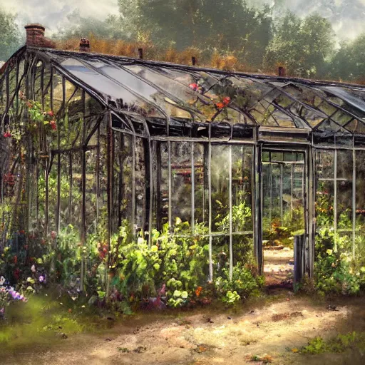 Prompt: painting of an old ancient greenhouse, ruined greenhouse, concept art, artstation, old painting, wild garden