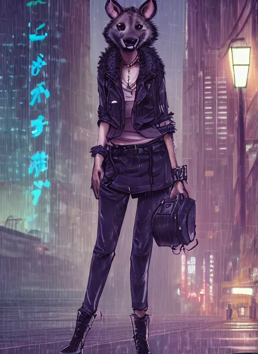 Image similar to character portrait of a female anthro hyena fursona with a cute beautiful attractive furry face and long black curly hair wearing stylish clothes in a cyberpunk city at night while it rains. hidari, color page, tankoban, 4K, tone mapping, Akihiko Yoshida.