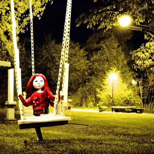 Image similar to a scary doll on a swing at a park, nighttime, real photo, realistic, hyper - realism, maximalist, horror movie, caution tape, illuminated by street lights, knife