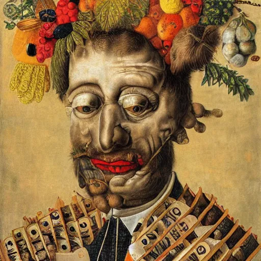 Image similar to a businessman made of money in the style of giuseppe arcimboldo, oil canvas, high quality