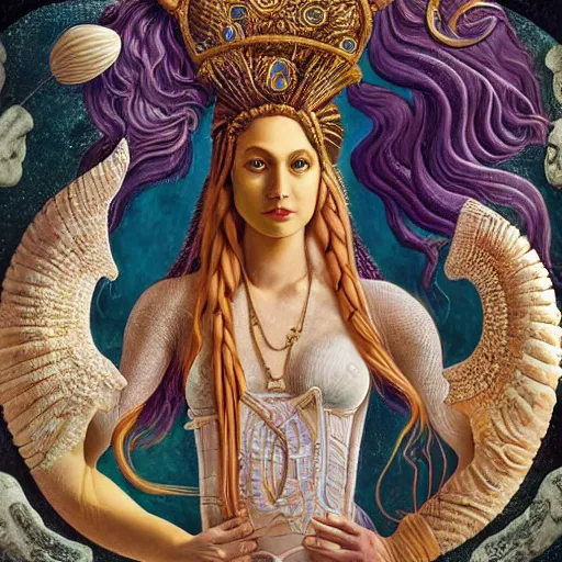 Image similar to intricate details, hyper detailed, mystic alchemical occult art, sumerian goddess inanna ishtar, ashteroth, techno mystic goddess princess intergalactica, with aqua neon rapunzel dreadlocks, detailed, wearing seashell attire, crystal pathway to atlantis floating on the sea, by sandro botticelli