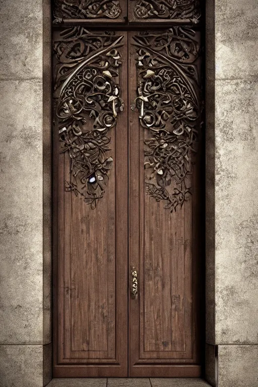 Image similar to a huge wooden door made by two slabs with live edge with rush plant ornaments in bright metalllic element, ornate, fantasy, photorealistic, octane render, volumetric light, high definition, ultra detailed, artstation, deviantart, cgsociety