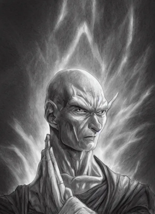 Prompt: realistic portrait pencil sketch of piccolo from dragon ball, old mystic ruins, afternoon, intricate, elegant, highly detailed, digital painting, sharp, focus, by artgerm and greg rutkowski