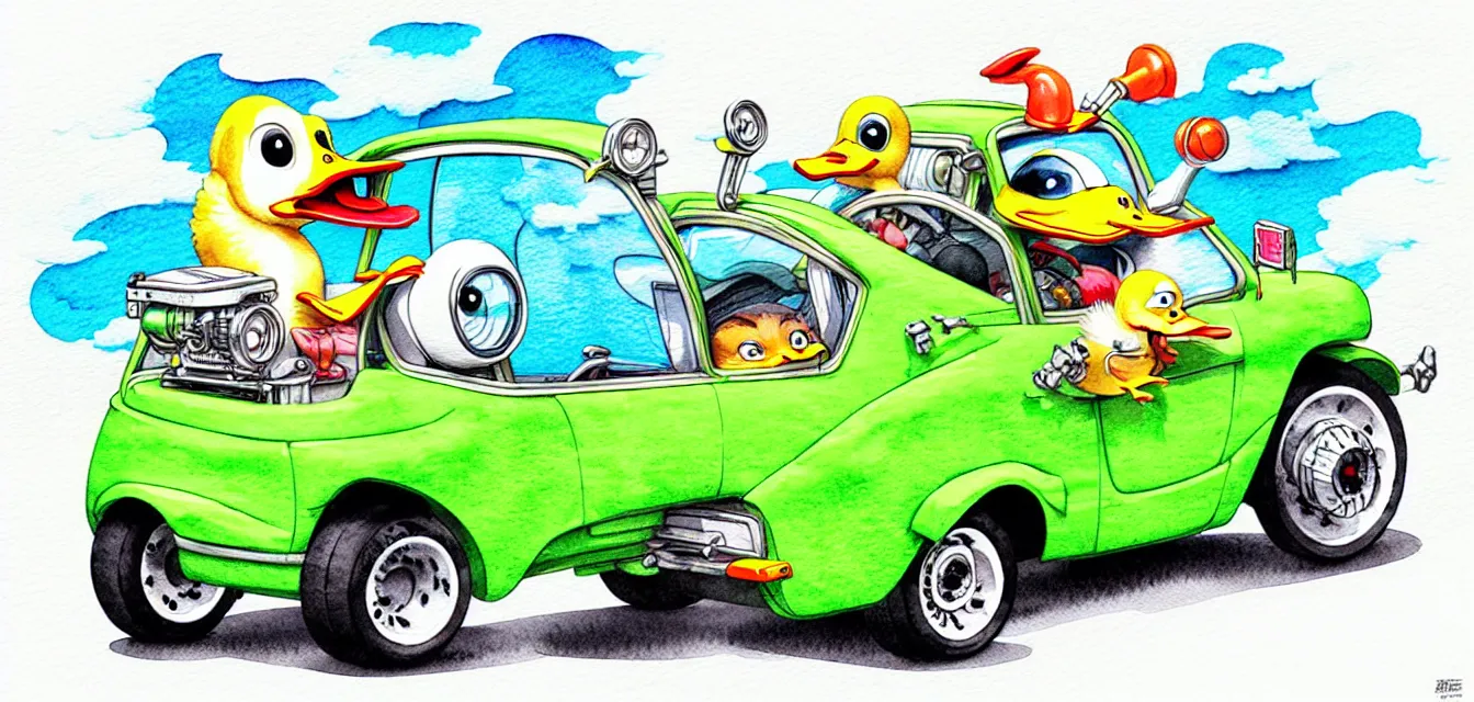 Image similar to cute and funny, duck riding in a tiny hot rod with oversized engine, ratfink style by ed roth, centered award winning watercolor pen illustration, isometric illustration by chihiro iwasaki, edited by range murata, tiny details by artgerm and watercolor girl, symmetrically isometrically centered