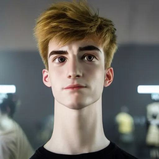 Image similar to “a realistic detailed photo of a guy who is an attractive humanoid who is half robot and half humanoid, who is a male android, twitch streamer Ninja Tyler Blevins, shiny skin, posing like a statue, blank stare, gaming room, close up”