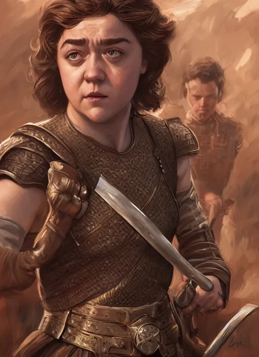 Image similar to angry Maisie Williams leading the charge as a ruggedly muscled handsome heroine, intricate, elegant, highly detailed, centered, digital painting, artstation, concept art, smooth, sharp focus, illustration, artgerm, donato giancola, Joseph Christian Leyendecker, WLOP, Artgerm