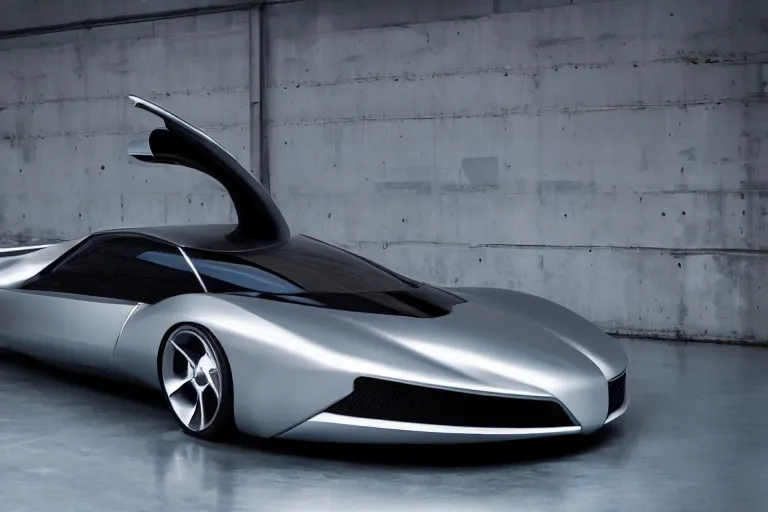 Prompt: A futuristic super-car made of a slick grey scaled metal, professional garage photograph.