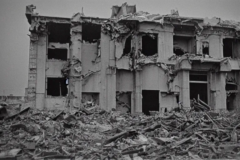 Image similar to flash photograph of soviet destroyed military building, ground zero, Radioactive Contamination, detail, 1985, creepy, dark, haunted, heavy rain, vintage photo