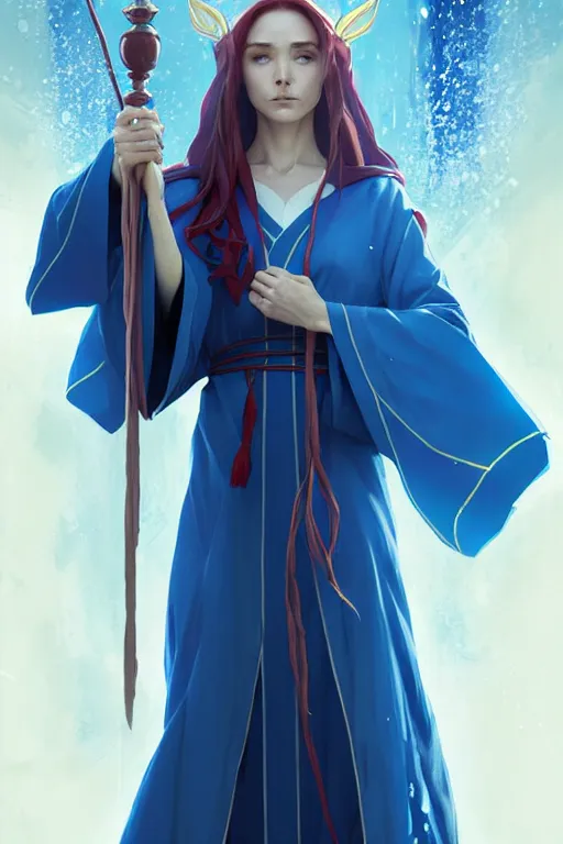 Image similar to elf female sorcerer doing water magic spells, blue robes, red hair, finely detailed perfect face, exquisite details, mid view, design on a white background, by studio muti, greg rutkowski makoto shinkai takashi takeuchi studio ghibli